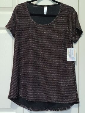Metallic Stretch Knit Black Short-Sleeve Stripe Women's LuLaRoe Classic T Top